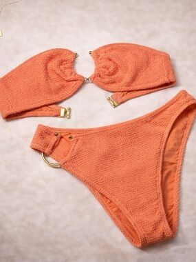 Nasty Gal Textured Coral Bikini Set with Gold Accents